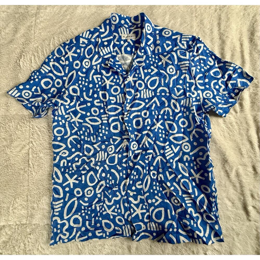 BLUEMINT MARS PRINTED Blue & White Short Sleeve Camp-Collar Linen Shirt Size XL